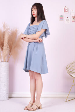 Fine Flare Sleeve Dual Drawstring Pleated Top Swing Dress (Grey Blue)